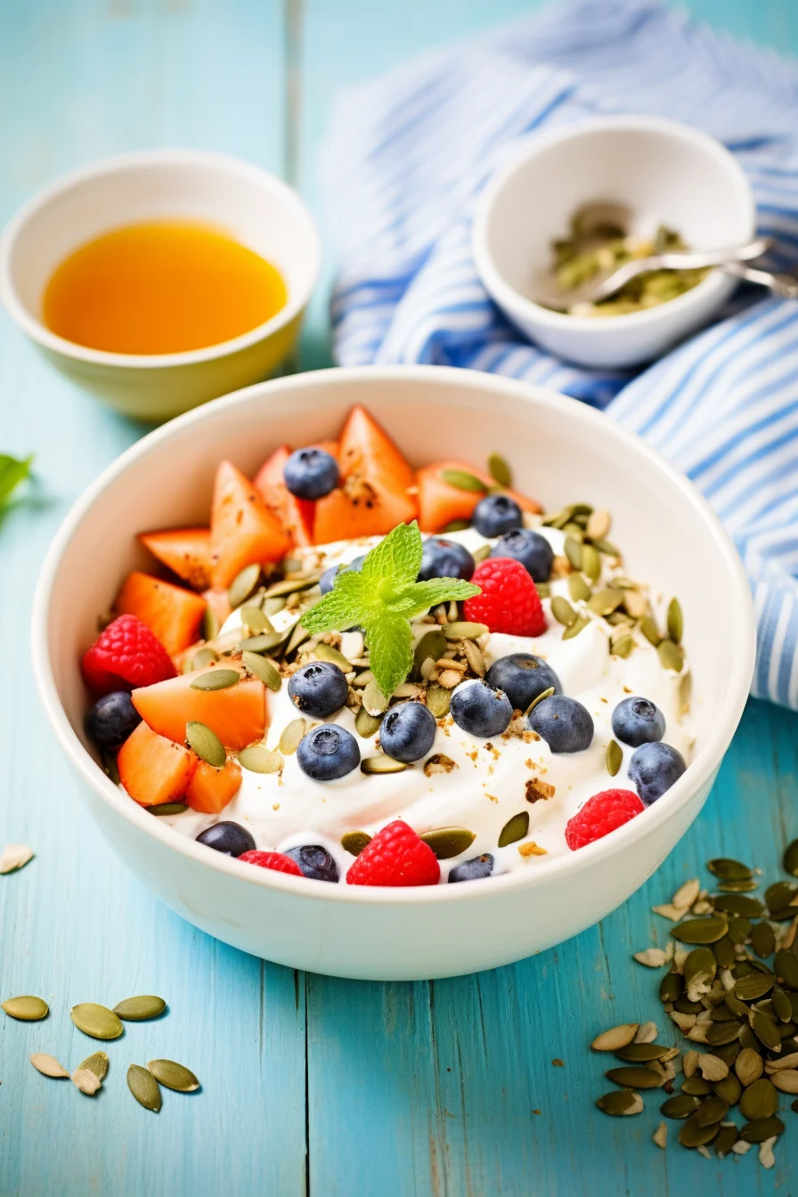 Muesli with Greek Yogurt Topped with Seasonal Fruit