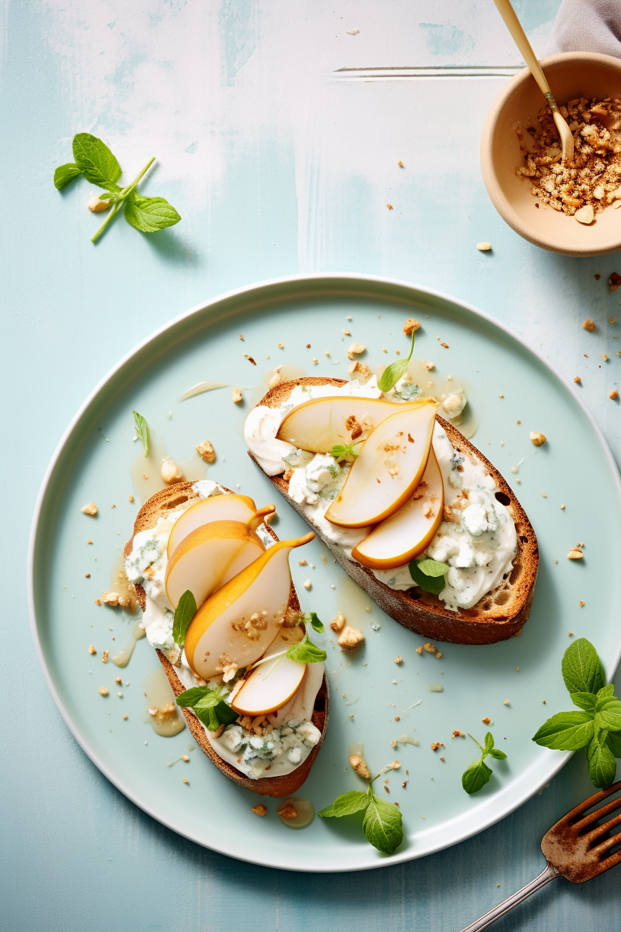 Pear and Ricotta Cheese Breakfast Tartines Ready to Serve