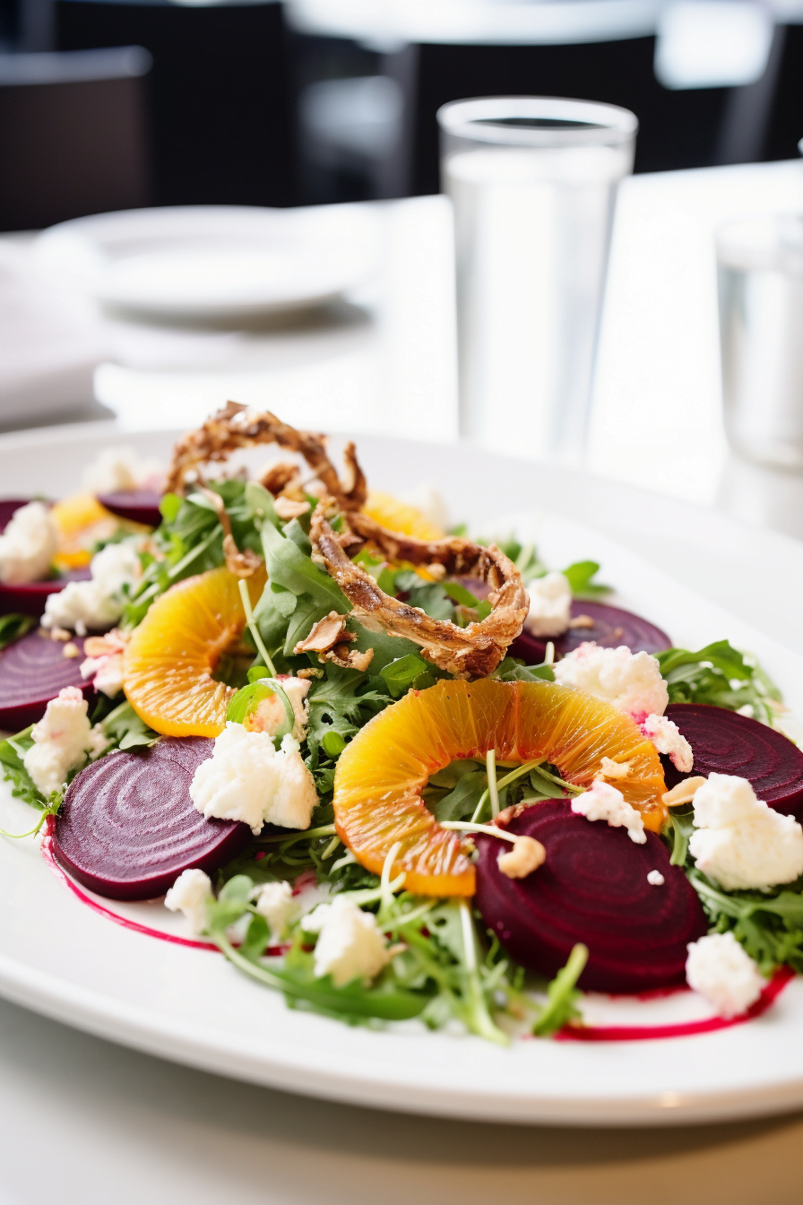 Roasted Beet and Citrus Salad with Pistachio Crusted Goat Cheese Plated