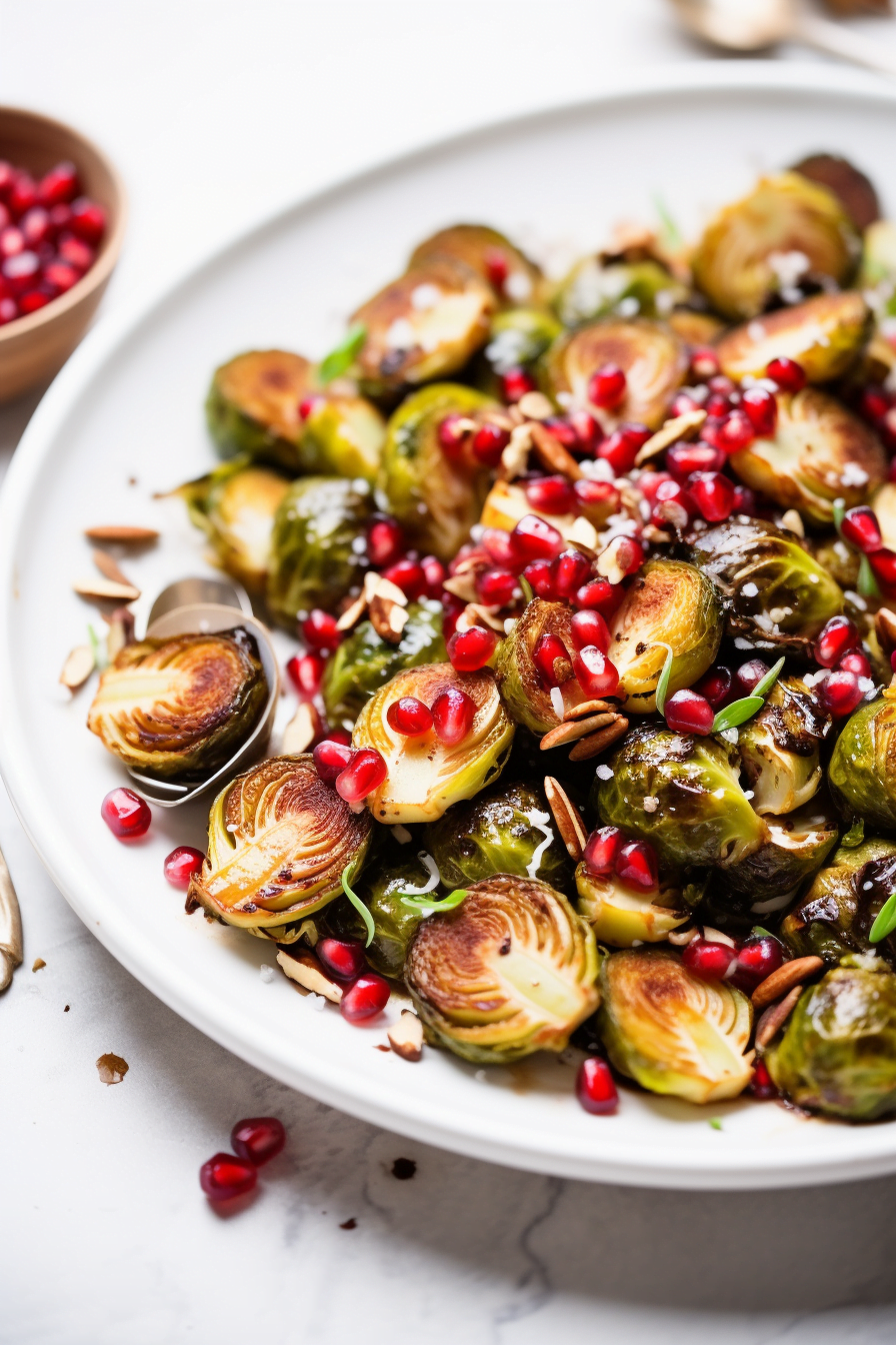 Roasted Brussels Sprouts with Pomegranate and Hazelnuts Ready to Serve