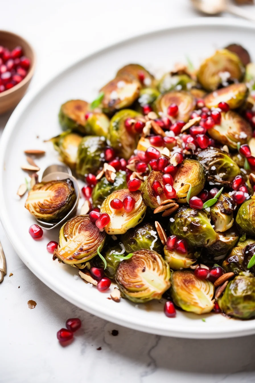 Roasted Brussels Sprouts with Pomegranate and Hazelnuts Ready to Serve