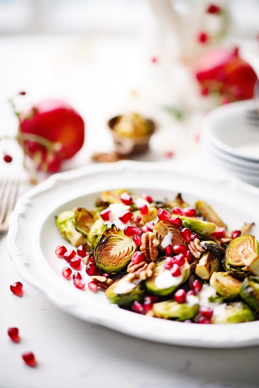 Roasted Brussels Sprouts with Pomegranate and Walnuts Ready to Serve