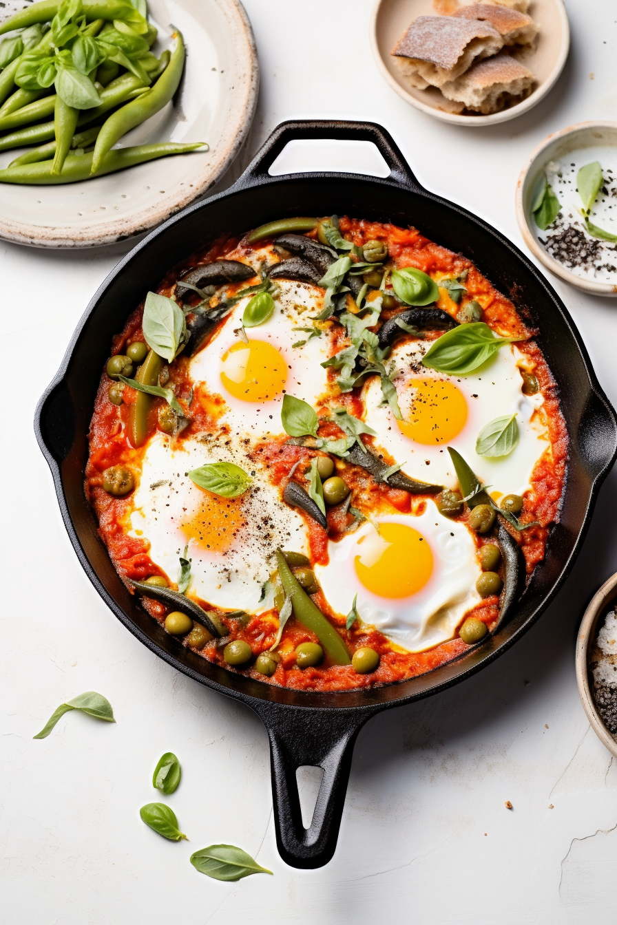 Shakshuka with Asparagus, Peas, and Mint Pesto Cooking