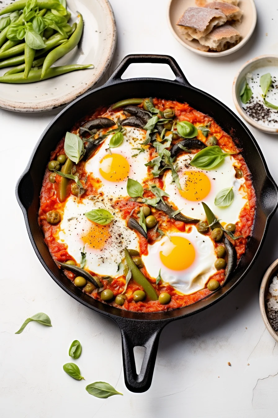 Shakshuka with Asparagus, Peas, and Mint Pesto Cooking