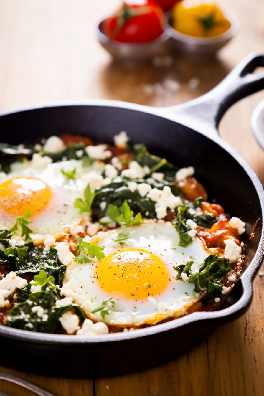 Shakshuka with Spinach and Feta Cheese Cooking