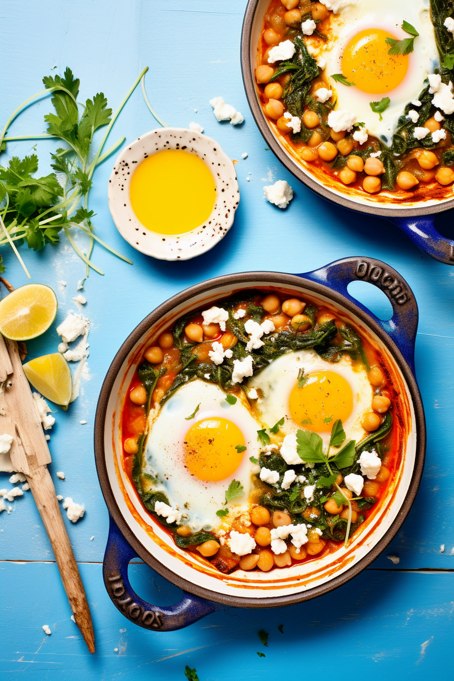Spanish Baked Eggs with Spinach and Chickpeas Ready to Serve