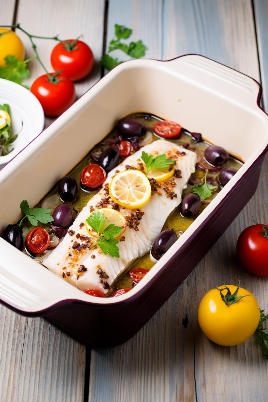 Venetian Baked Fish with Olives and Tomatoes in Baking Dish
