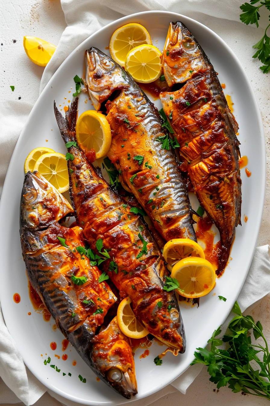 Baked Mackerel with Harissa and Preserved Lemons