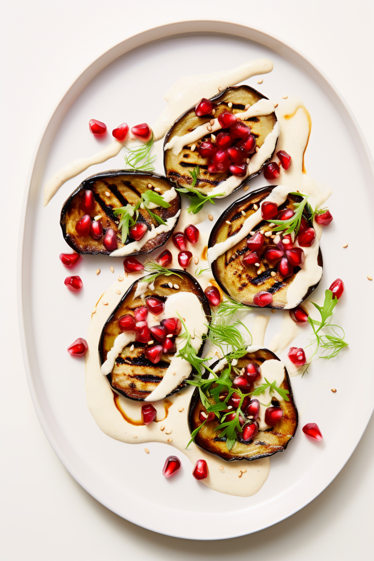 Charred Eggplant with Tahini, Pine Nuts, and Pomegranate_001