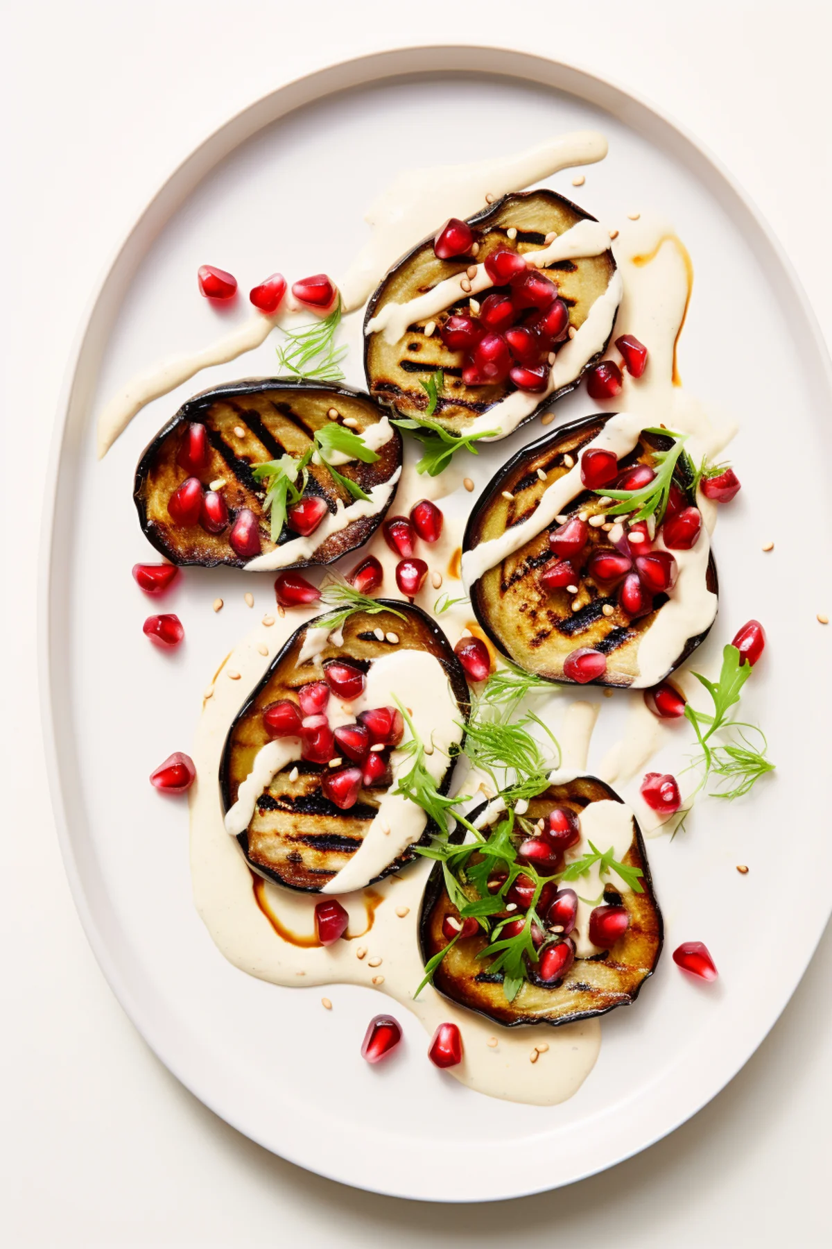 Charred Eggplant with Tahini, Pine Nuts, and Pomegranate_001