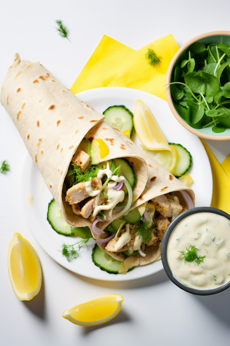 Chicken Shawarma Wraps with Garlic Sauce and Pickles