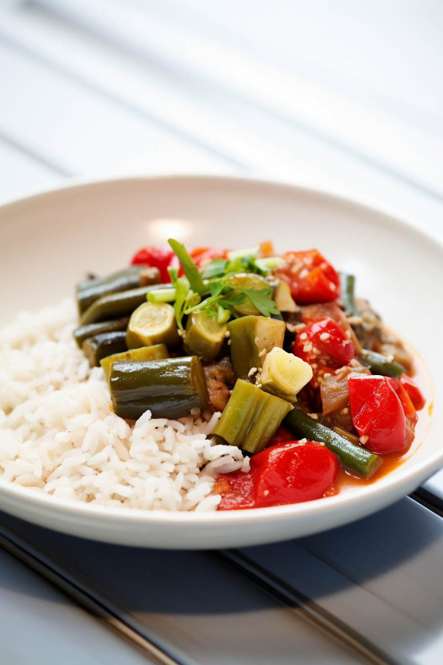 Lebanese Okra and Tomato Stew (Bamieh) with Brown Rice