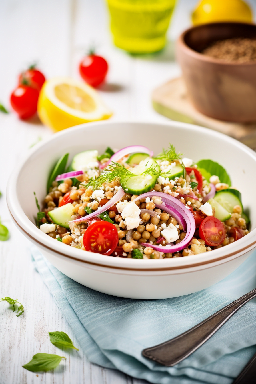 Ingredients for Mediterranean Red Lentil and Quinoa Salad with Cumin