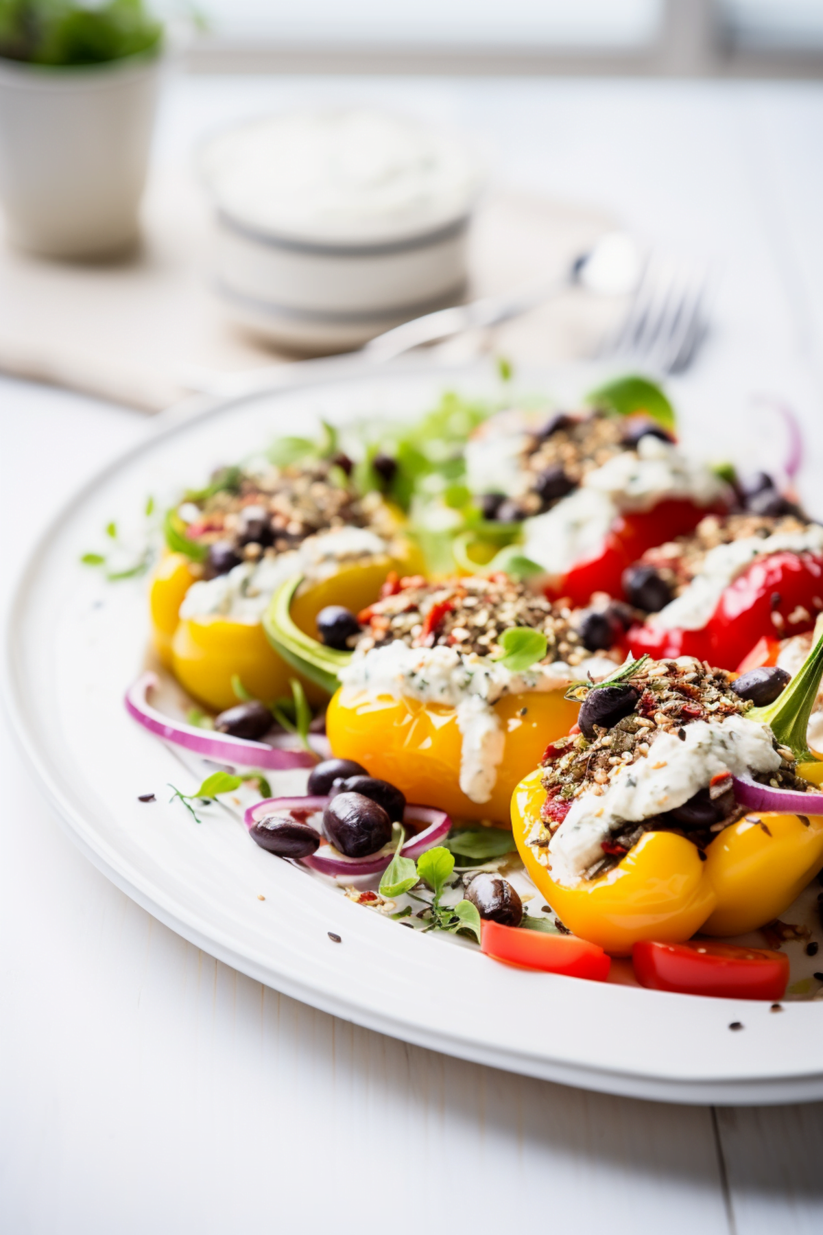 Mediterranean Stuffed Peppers with Quinoa, Kalamata Olives, and Tzatziki_001