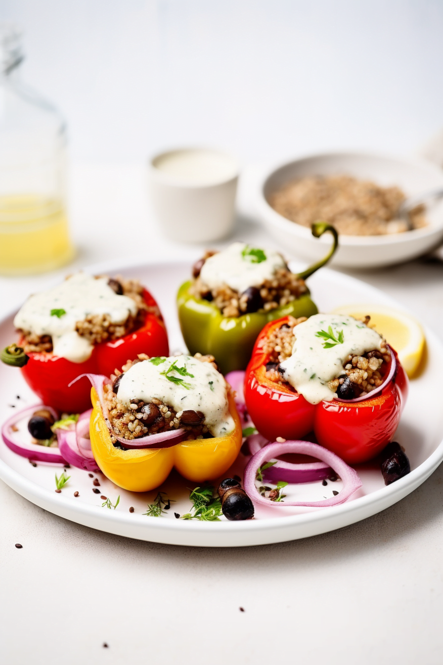 Mediterranean Stuffed Peppers with Quinoa, Kalamata Olives, and Tzatziki