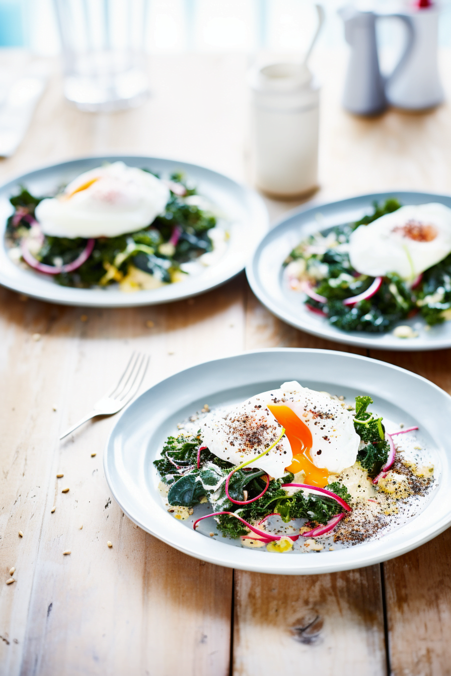 Poached Eggs on a Bed of Steamed Greens and Quinoa