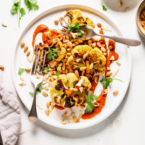 Roasted Cauliflower Steaks with Romesco Sauce and Pine Nuts_001