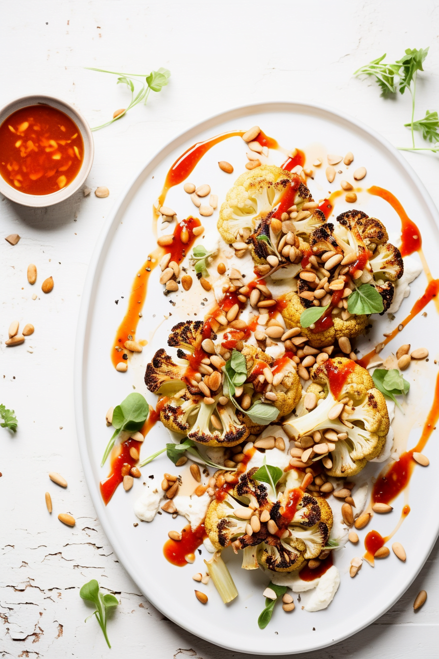 Roasted Cauliflower Steaks with Romesco Sauce and Pine Nuts