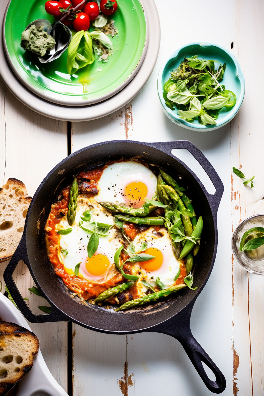 Ingredients for Shakshuka with Asparagus, Peas, and Mint Pesto