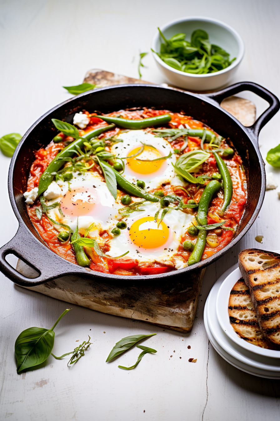Shakshuka with Asparagus, Peas, and Mint Pesto