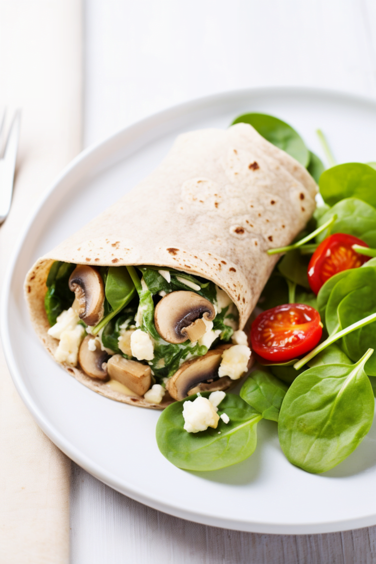 Spinach and Mushroom Breakfast Wrap in a Whole Wheat Tortilla Cooking