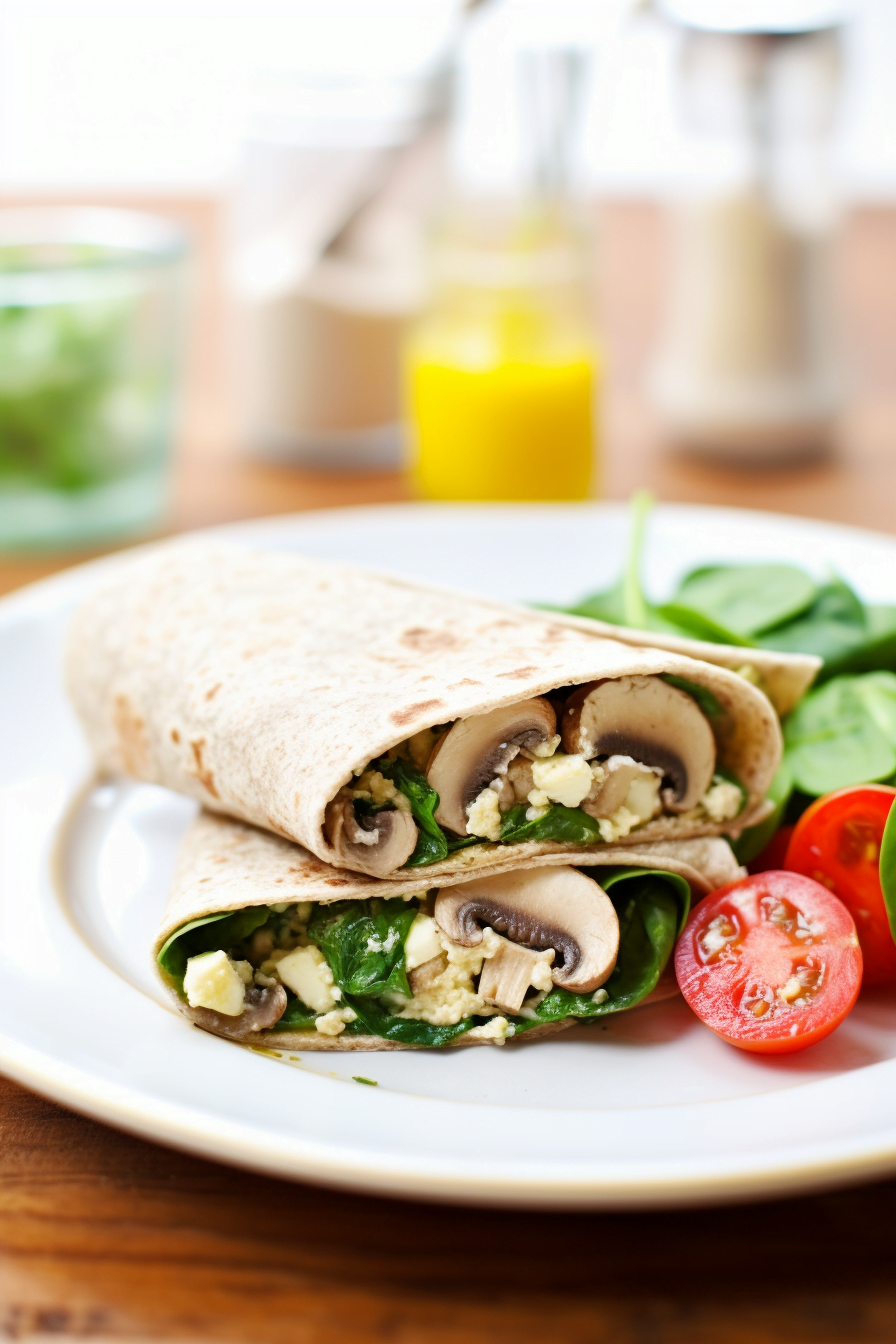 Spinach and Mushroom Breakfast Wrap in a Whole Wheat Tortilla