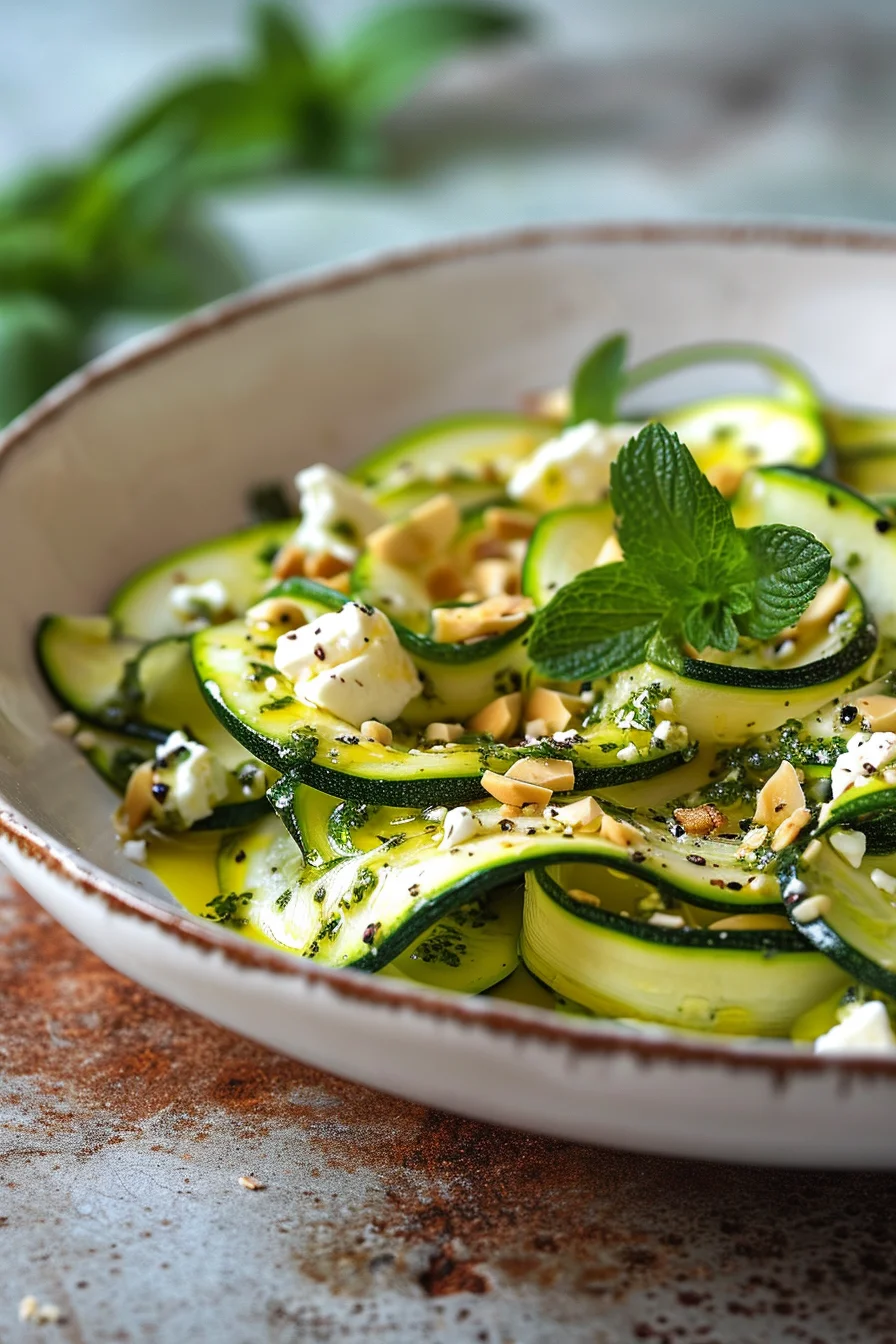 Zucchini Ribbon Salad with Almond Feta and Mint Pesto