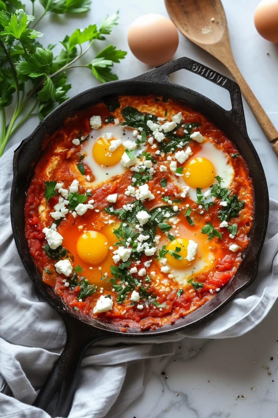 Israeli Shakshuka with Feta and Spinach Ready to Serve