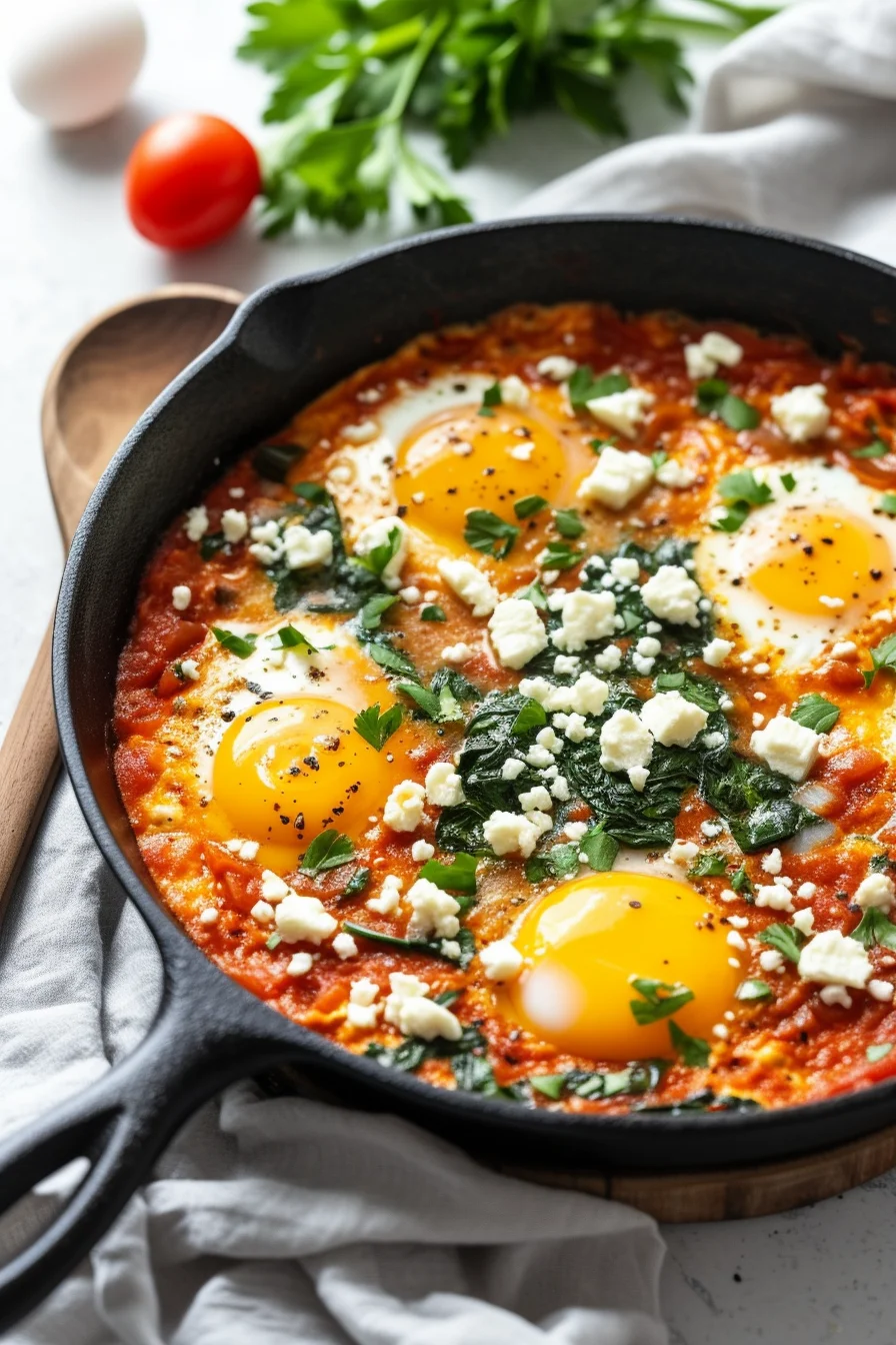Preparing Israeli Shakshuka with Feta and Spinach